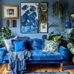 Cozy living room with a blue futon, blue wall art, and blue indoor plants, adding a touch of nature to the space