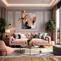 Modern living room interior style composition with elegant sofa, table, plants, paintings, lamps and home accessories, white marble walls, black marble floor. 3D Rendering
