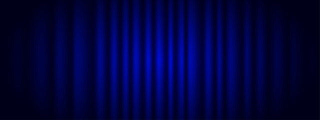 Blue curtain. Closed blue theater or cinema curtain on stage. Theatrical drapes. Vector illustration