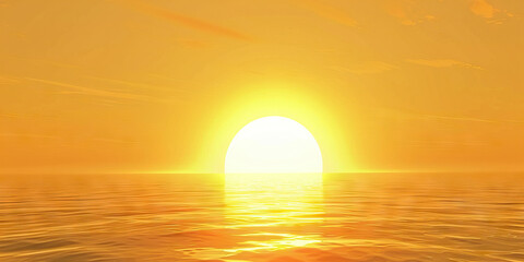 A bright yellow sun peeks over a calm ocean horizon