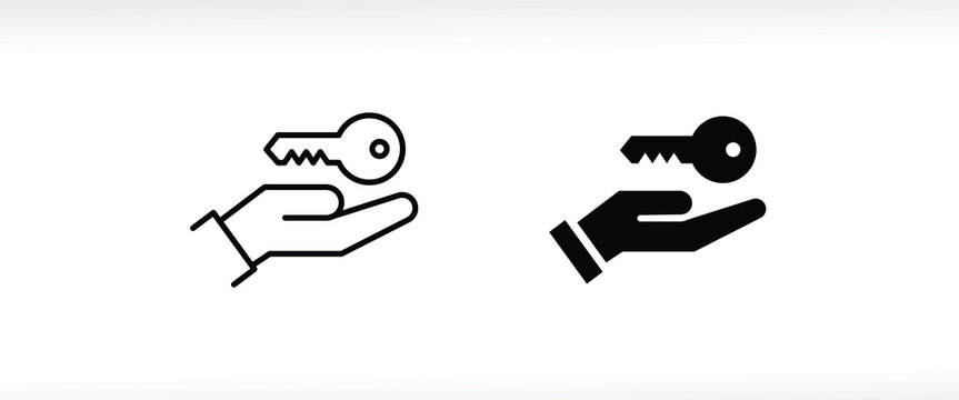 Hand holding a key icon, Key in hand, key from the house line and flat icons set, editable stroke isolated on white, linear vector outline illustration, symbol logo design style