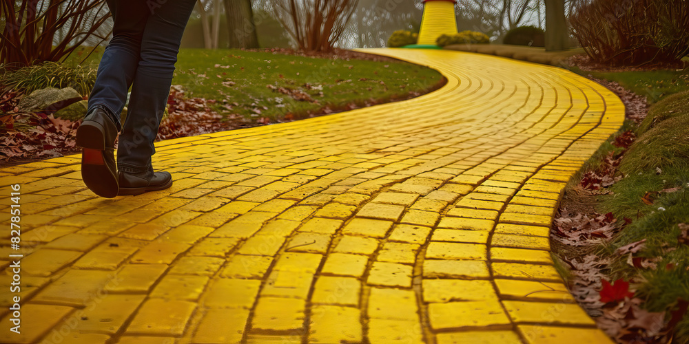 Wall mural Yellow Brick Road - A traveler walks down a winding path, the iconic yellow brick road stretching out before them, their mind full of wonder and anticipation of what lies ahead