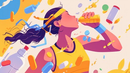 A female athlete is depicted in a vibrant cartoon illustration popping pills of energy supplements for her sports nutrition regimen The image set against a clean white background also showc