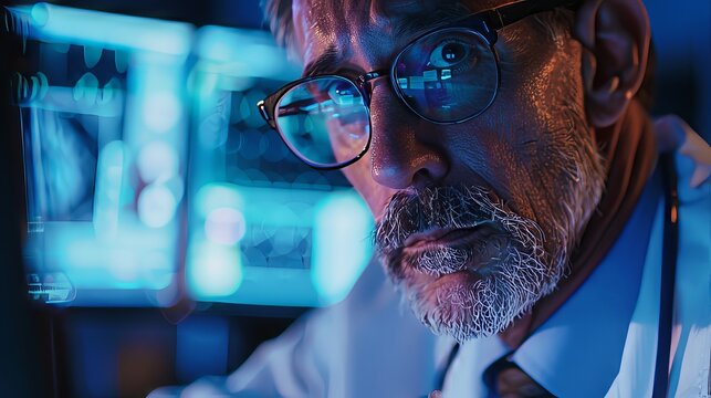 Illuminated doctor's face by computer screen
