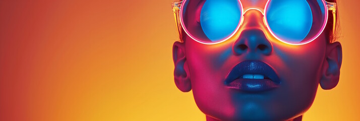 Woman with neon glasses, concept of futuristic fashion and creativity, background with copy space
