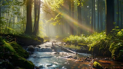 A serene forest scene with sunlight filtering through the trees, creating gentle rays of light on an ancient stream and lush greenery.