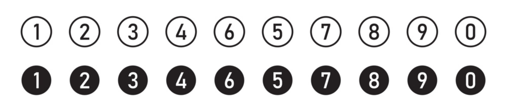 Bullet Point, Circle Number font icon . Typography Set of Round 1-9 Numbers. Numeral typographic line and flat icons set, editable stroke isolated on white, linear vector outline illustration, symbol 