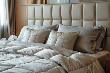 A bed with beige silk satin quilted pillows and headboard in an elegant bedroom,interior design photography, beige color scheme,luxury hotel inspired room,close up shot of the plush grey velvet fabric