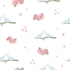 Seamless pattern with couple of pigeons, doves, flowers and hearts on white background