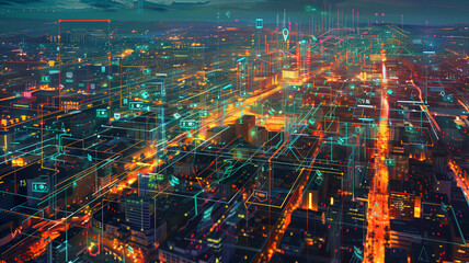 Smart city data management with aerial view of futuristic urban infrastructure