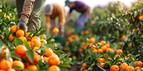 Orange Orchard - Workers bend low under the weight of ripening fruit in a lush orange orchard, their muscles straining as they gather the harvest for market