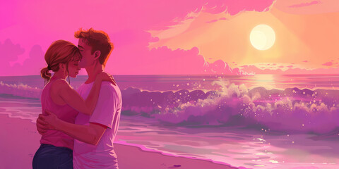 Pink Paradise - A young couple cuddles on a soft, sandy beach, watching the waves roll in, their eyes fixed on the brilliant pink hues of the setting sun
