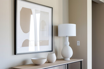 A close up shot of the wall in an apartment, showcasing a modern white lamp and two empty decorative vases on top of it. A large framed art piece hangs above them. The room has light beige walls.