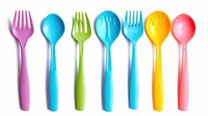 Plastic cutlery set on a plain white background with isolated clipping path