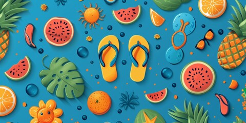 A colorful and playful summer-themed composition featuring yellow flip-flops, assorted tropical fruits, and floral elements.
