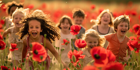 Red Rush - A group of children race across a field of tall, vibrant red poppies, their laughter filling the air with energy and happiness