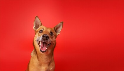 A wagging tail, bright eyes, and a big smile indicate a black dog is happy on red background 