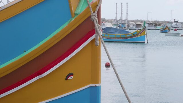 The colorful eye on a traditional Maltese Luzzu boat. Marsaxlokk, Malta