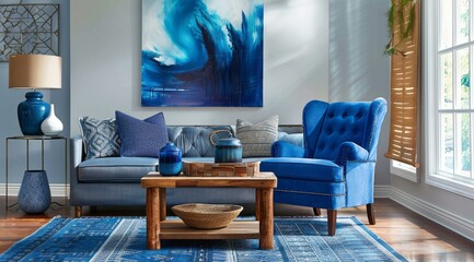 Cozy living room with a blue wingback chair, blue wall art, and a wooden coffee table with blue accessories