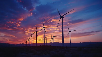 Obraz premium Colorful Sunset Silhouette of Wind Turbines
