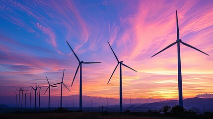 Obraz premium Colorful Sunset Silhouette of Wind Turbines