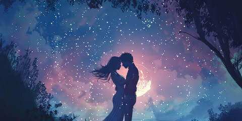 Naklejka premium A couple dances under the stars, lost in each other's embrace, the soft light from the moon casting a dreamy glow over them