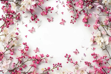 Naklejka premium Pink and white flowers with butterflies on a white background