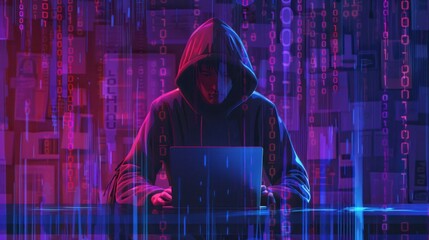 A hacker in a dark room with a laptop, surrounded by binary code and digital signals.