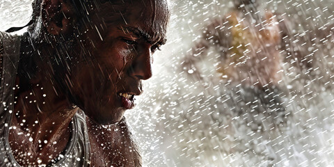 Perseverance in the Rain - A resolute athlete powers through a rainstorm, unfazed by the moisture as it strikes their determined face