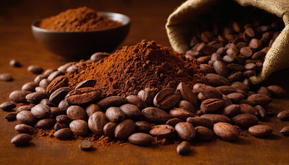 Fototapeta premium A pile of cocoa beans is next to a sack of cocoa powder, showcasing the raw materials and processed product of cocoa