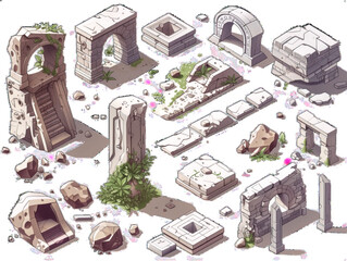 Vector Game Assets of Ancient Stone Ruins With different architectural fragments such as arches, pillars, and steps.