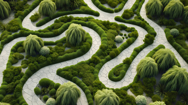 Green bush labyrinth or maze in park or garden nature top or aerial above view. Plant hedge shape pattern landscape, find a way or path to exit, game, lost, plan, search, decision, plan