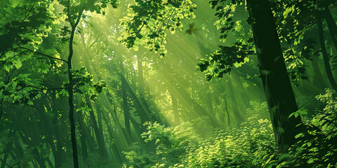 Fototapeta premium Idyllic Green Forest: A Lush and Peaceful Sanctuary Bathed in Dappled Sunlight
