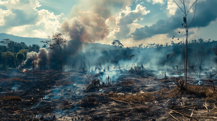 A once-lush rainforest now scorched and barren, with smoke still lingering in the air.
