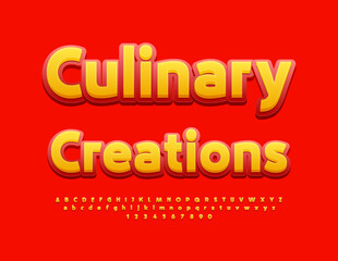 Vector advertising banner Culinary Creations. Artistic Alphabet Letters and Numbers set. Bright Yellow and Red Font.