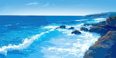 A brilliant blue ocean stretches toward the horizon, waves crashing against the jagged rocks that line the shore