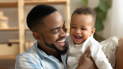 Closeup of black skinned African American father and son, adult man dad and little newborn infant toddler baby boy hugging and smiling in living room home interior, sitting together, playing, bonding