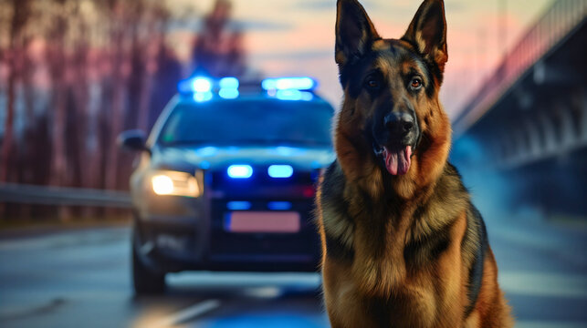 Trained K9 German Shepherd police guard dog closeup portrait, security service animal, safety and protection, narcotics inspection, copy space