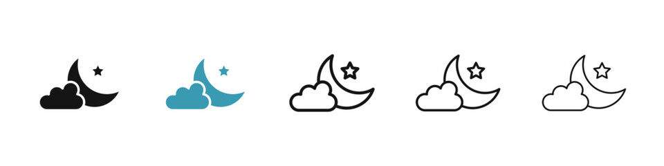 Cloud moon line icon set. Night time vector icon. Nighttime dream sign for UI designs.