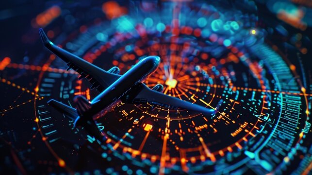 The holographic display mapping out a flight plan for a newly departing plane showing its route and estimated time of arrival.