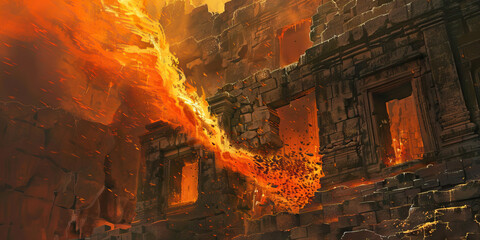 A fierce orange flame licks the air, casting dancing shadows against the stone walls of a forgotten ruin