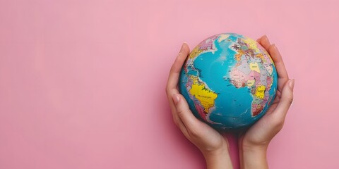 World population day with globe in woman hands against solid pink backdrop