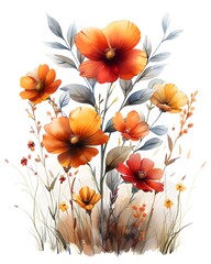 Artistic Floral Watercolor Illustration Featuring Orange and Yellow Flowers with Green Foliage on White Background