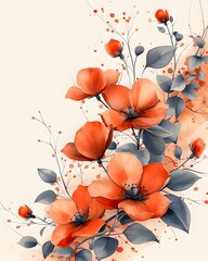 Artistic Floral Watercolor Illustration Featuring Orange and Yellow Flowers with Green Foliage on White Background
