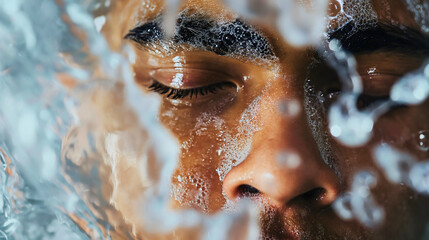 Closeup of a handsome young man taking a shower, water and white shampoo foam or soap splashing on his face skin. Bathroom skin care and hygiene, wet body