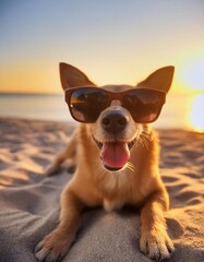 A smiling puppy wearing sunglasses on the beach at sunset. Portrait of dog. Close up view. Summer holidays with pets.