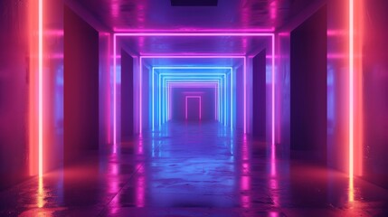 Neon light shapes on black background,rainbow colors, empty space, 80's retro style, fashion show stage, abstract background, 3d rendering,conceptual image. High quality photo