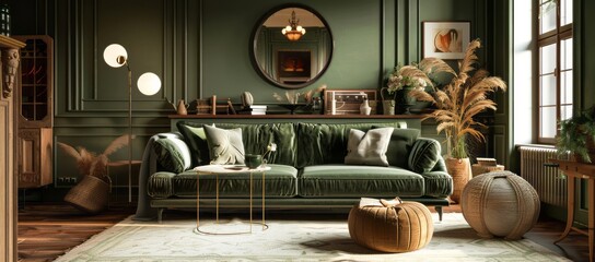 Cozy living room with a green color scheme, featuring a plush green sofa, warm lighting, and rustic wooden accents