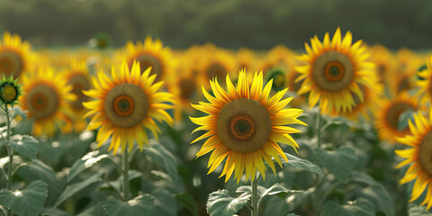 Fototapeta premium A field of sunflowers, their heads nodding in unison, stretch as far as the eye can see, beckoning onlookers to lose themselves in their golden glow.