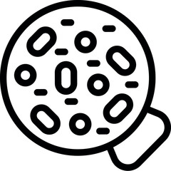 Black and white line icon of a petri dish with bacterial colonies